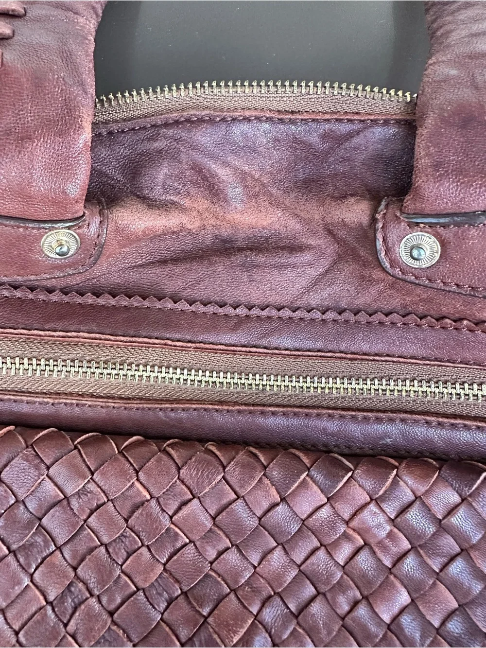 Vintage Bebe Burgundy Brown Leather Woven Boho Satchel Bag Y2K